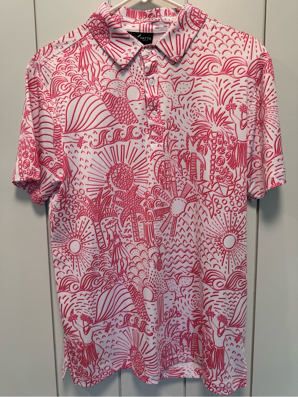 NWOT Yatta Pink & White Allover Graphic Polo